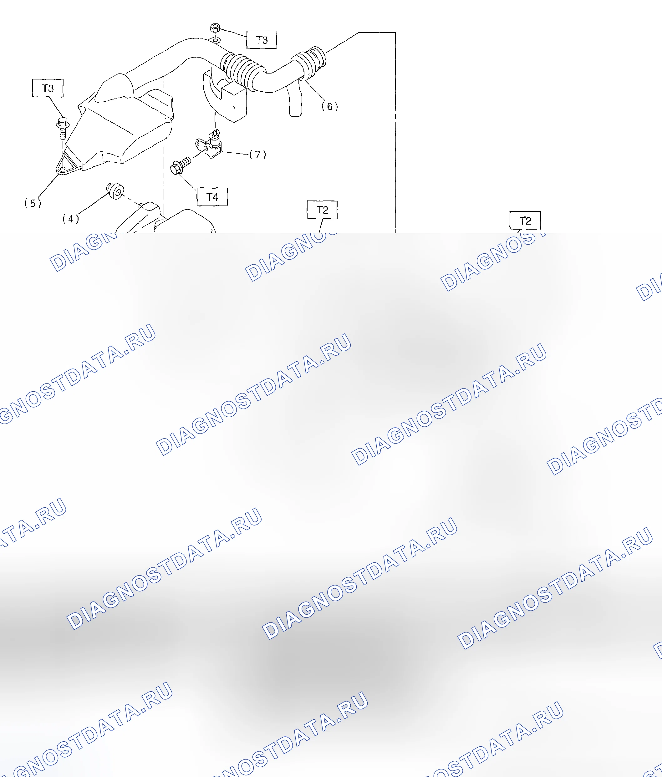 Рис. 1: Идентификация компонентов корпуса воздухоочистителя. Subaru Impreza GD/GC/GG