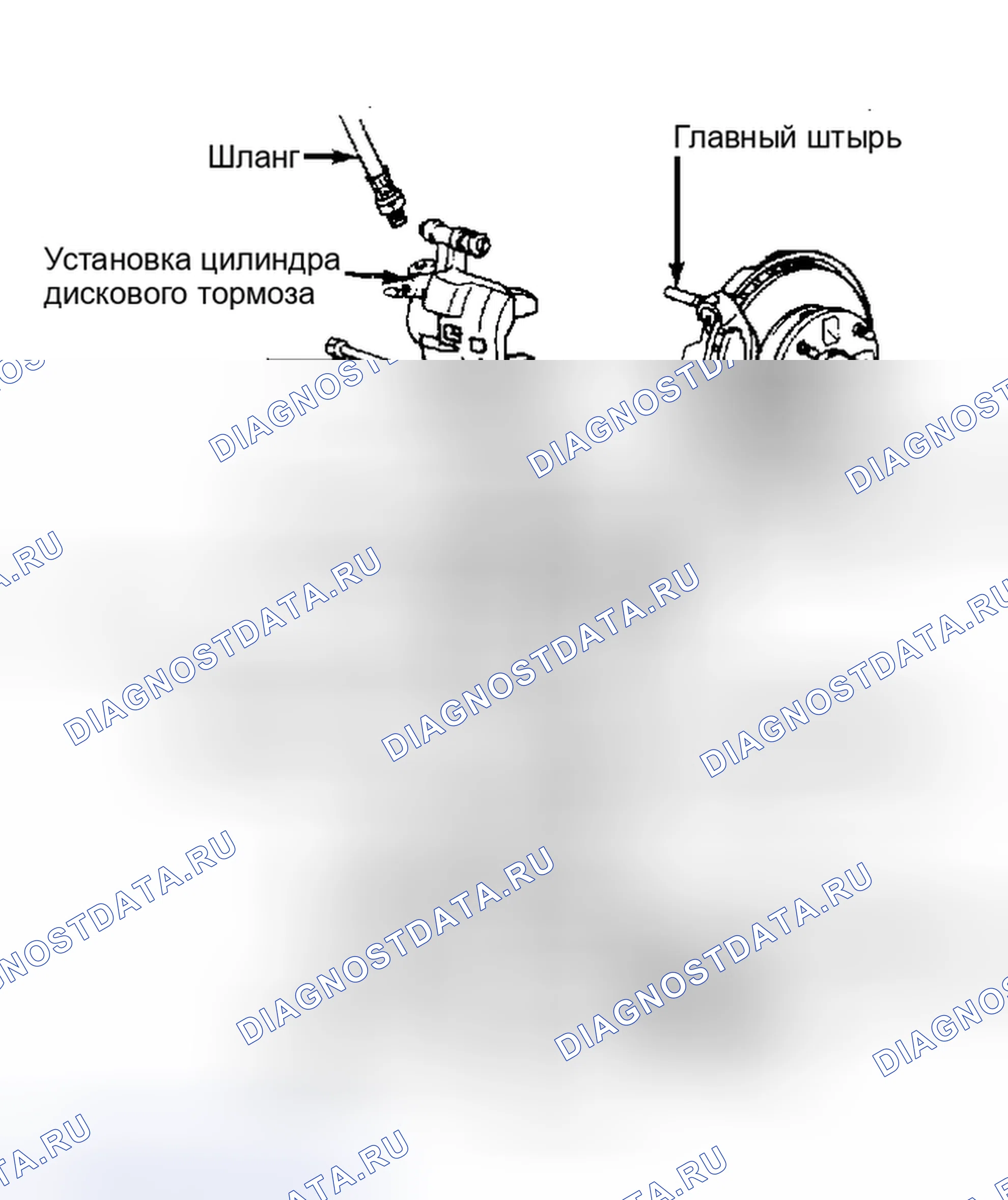 Рис. 3: Разнесенный вид переднего дискового тормоза, используемого на Celica и Supra При повторной сборке нанести смазку на направляющие цилиндров.. Toyota Cressida II