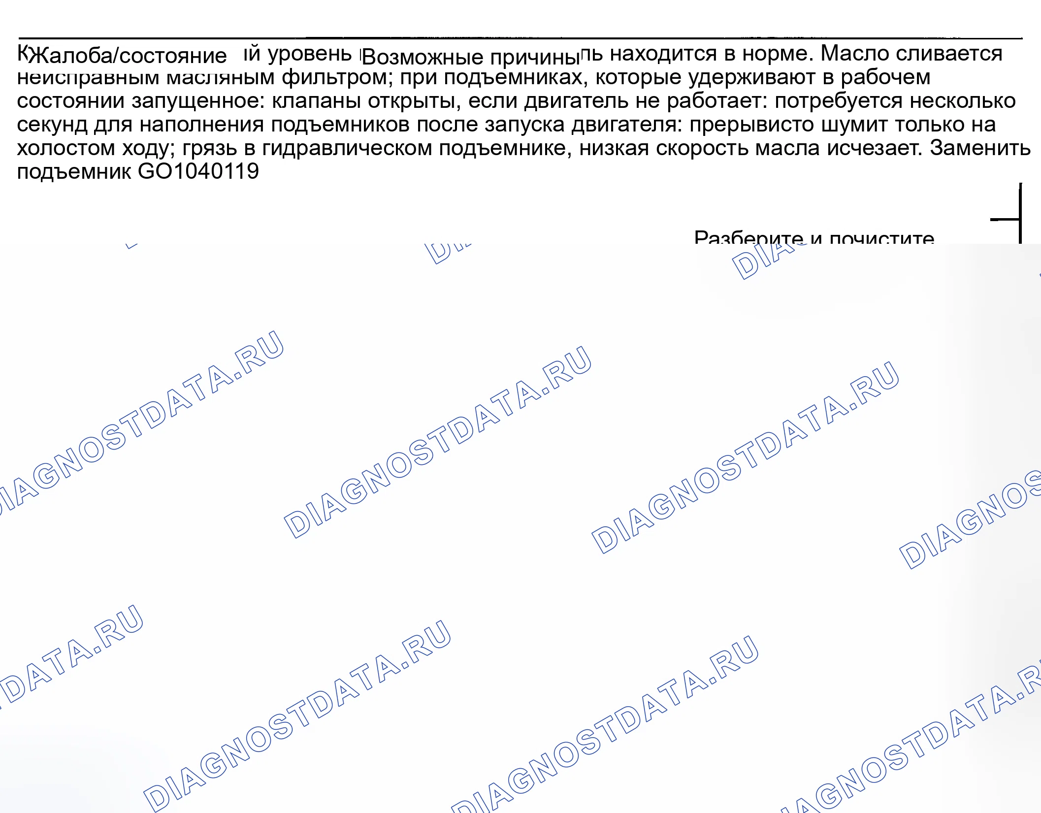 Рис. 28: ДИАГНОСТИЧЕСКАЯ КАРТА ГИДРАВЛИЧЕСКОГО ПОДЪЕМНИКА. Kia Rio I