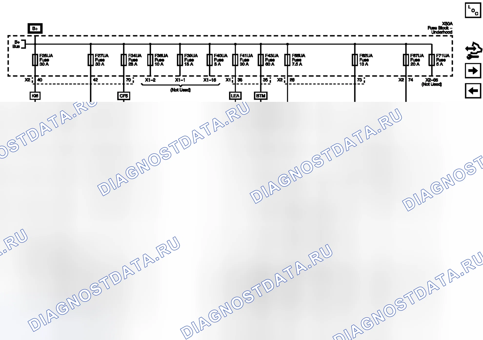 Рис. 50: F25UA, F27UA, F34UA, F36UA, F39UA, F40UA, F41UA, F43UA, F55UA, F62UA, 0 и 1 Подключение предохранителей F67UA F71UA. Buick Regal V