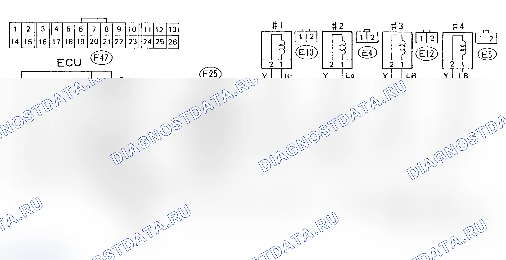 Рис. 63: Схема - коды 14, 15, 16 и 17, топливные форсунки. Subaru Legacy BC/BJ/BF