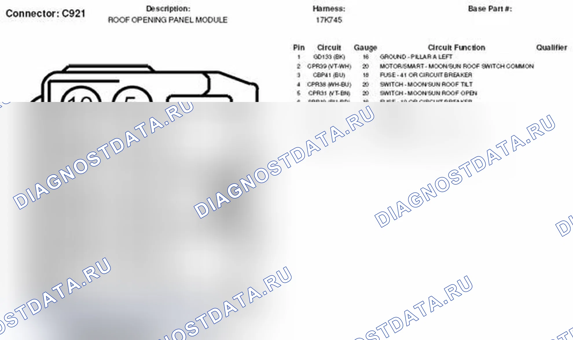 Рис. 182: Вид с торца разъема модуля панели проема крыши (C921). Ford Taurus X I