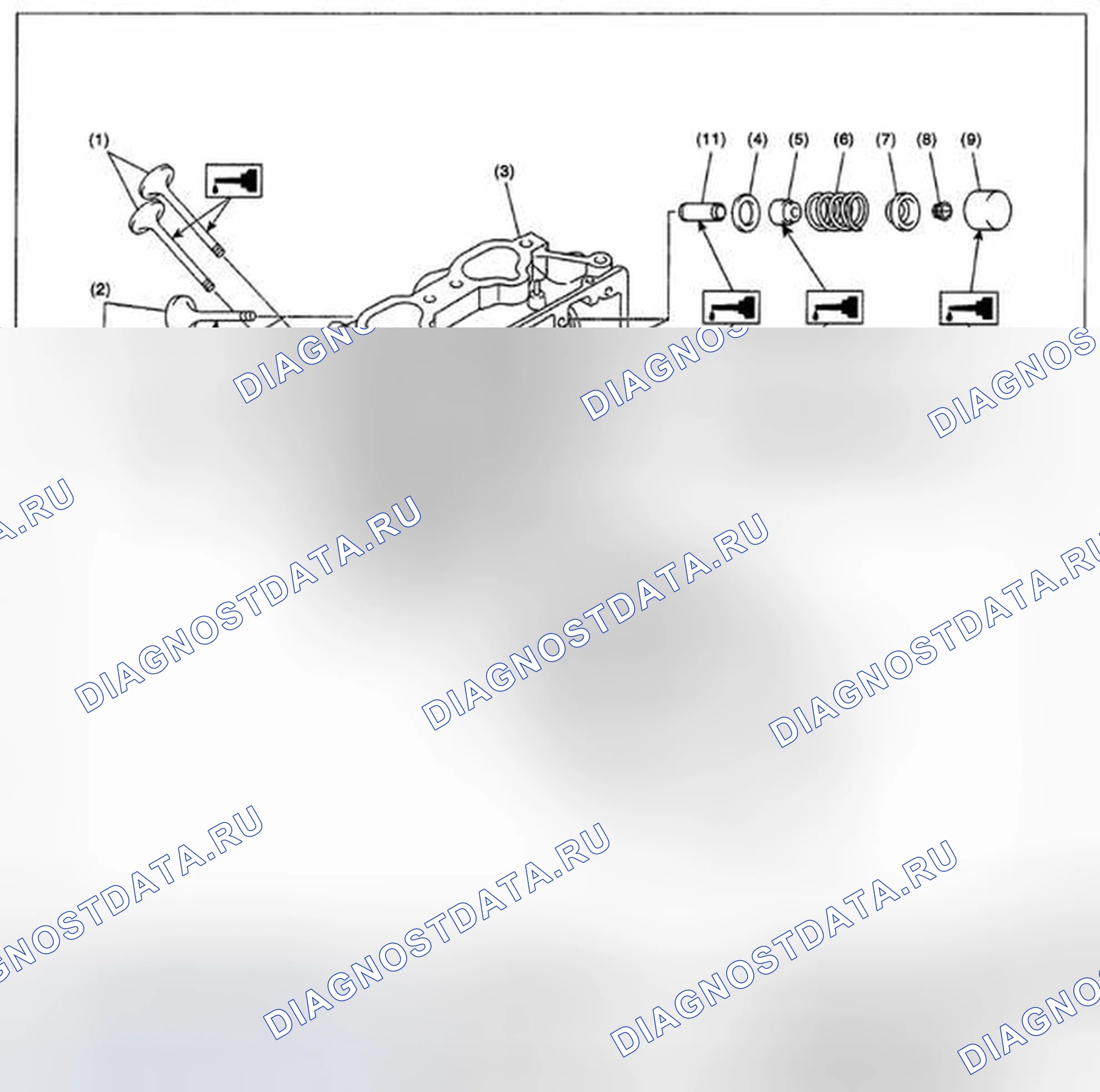 Рис. 564: ГОЛОВКА ЦИЛИНДРА И КЛАПАН В СБОРЕ. Subaru Impreza GH