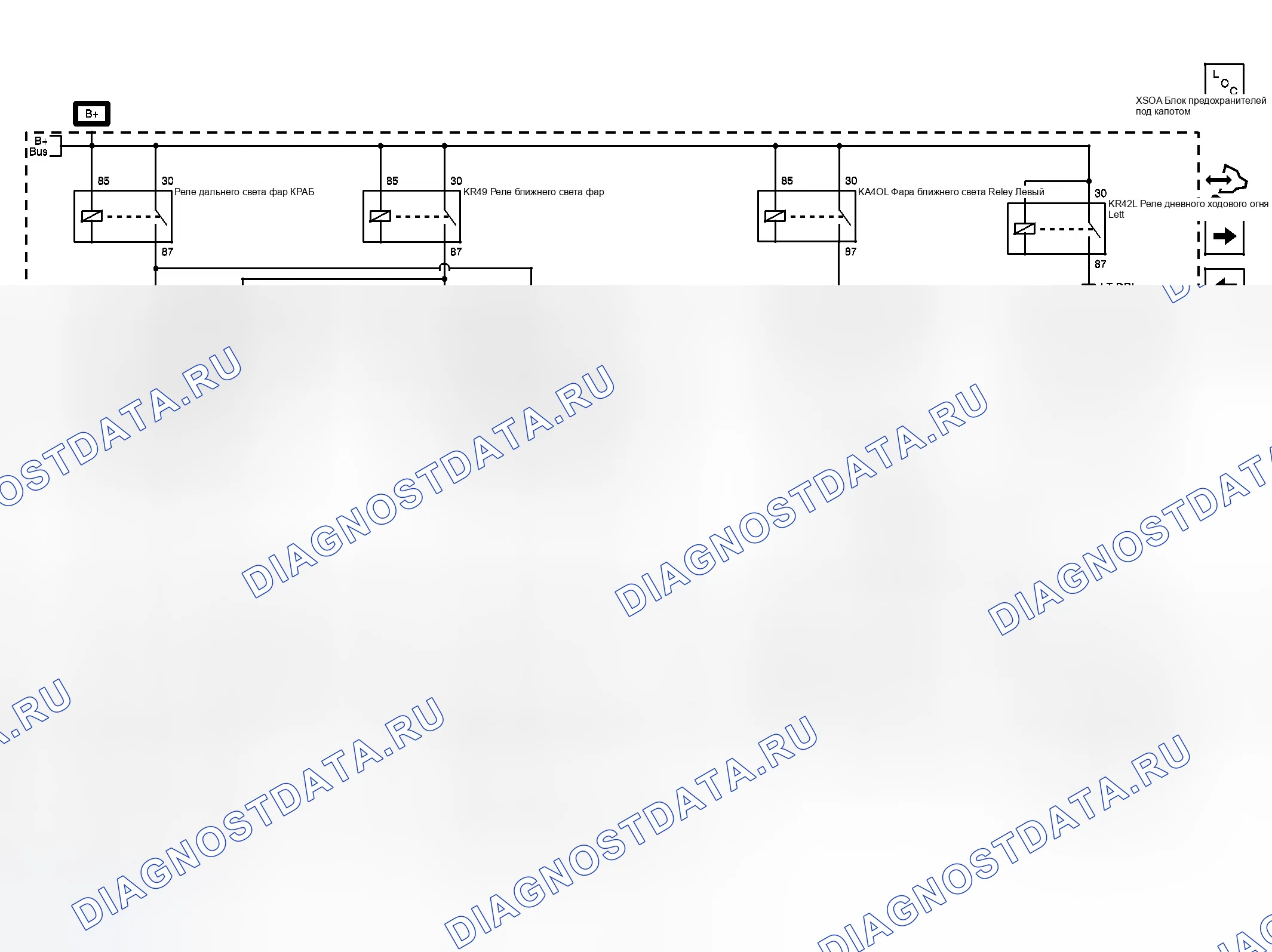 Рис. 82: Предохранители LT DRL, LT Lo BEAM, LT HI BEAM, RT Lo BEAM и RT HI BEAM. GMC Acadia I рестайлинг