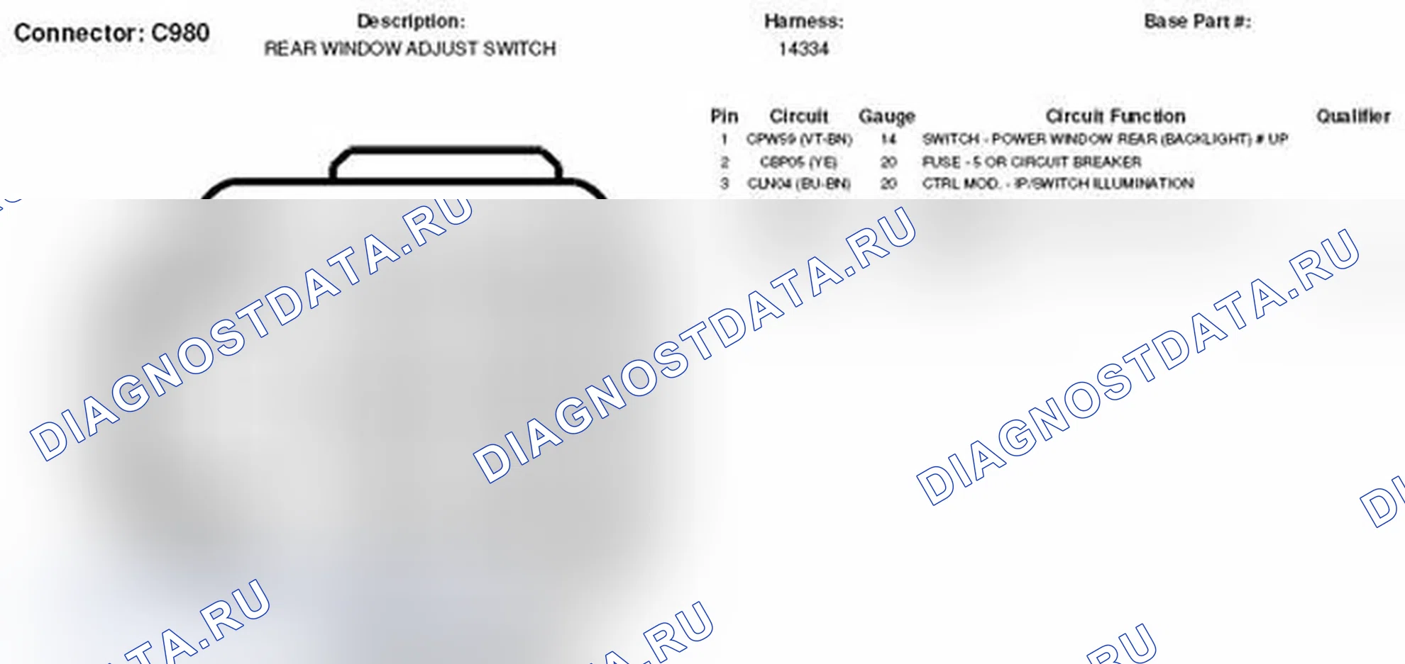 Рис. 254: Вид с торца разъема переключателя регулировки заднего окна (C980). Ford Explorer Sport Trac II