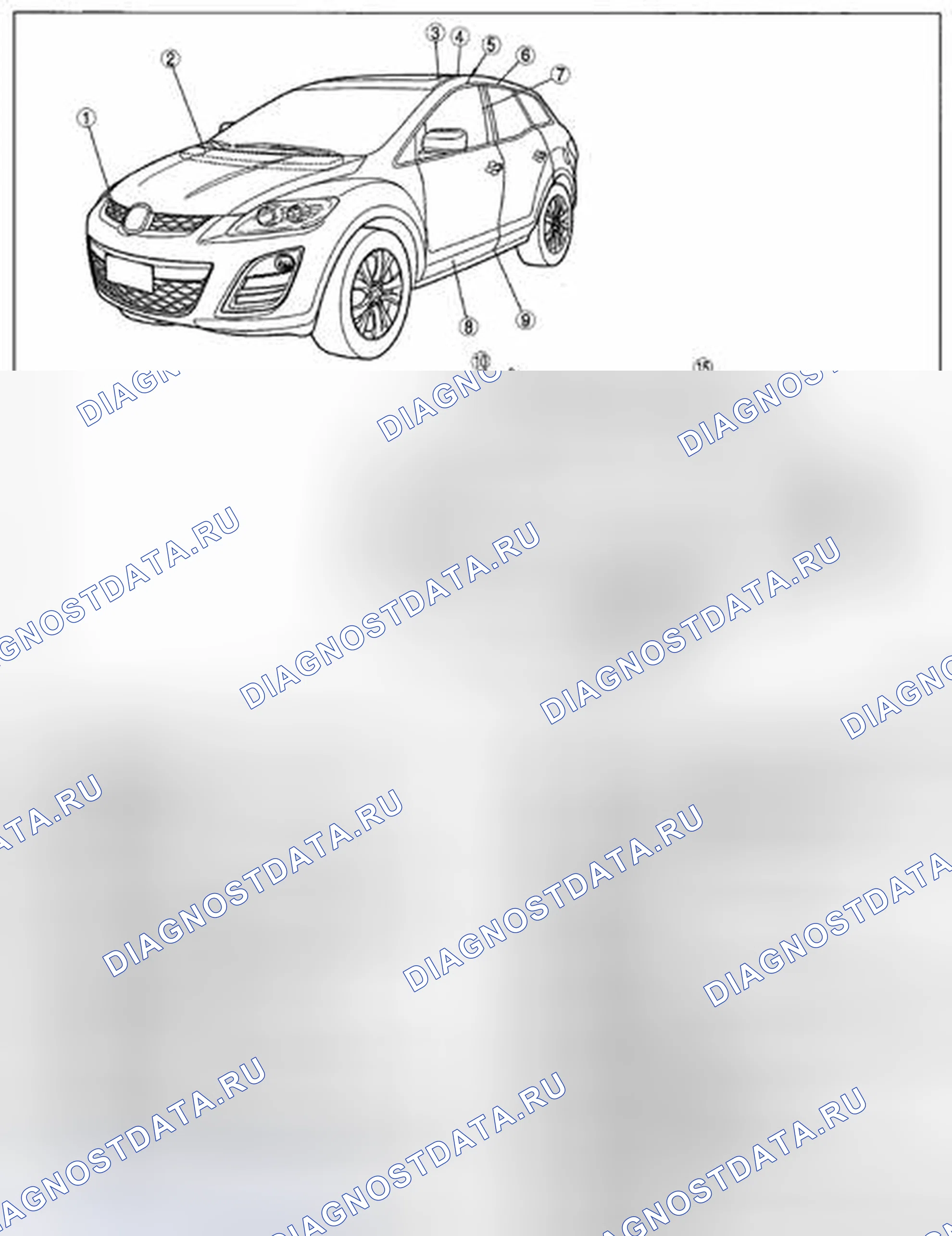 Рис. 1: ИНДЕКС РАСПОЛОЖЕНИЯ ВНЕШНЕЙ ОТДЕЛКИ. Mazda CX-7 I рестайлинг