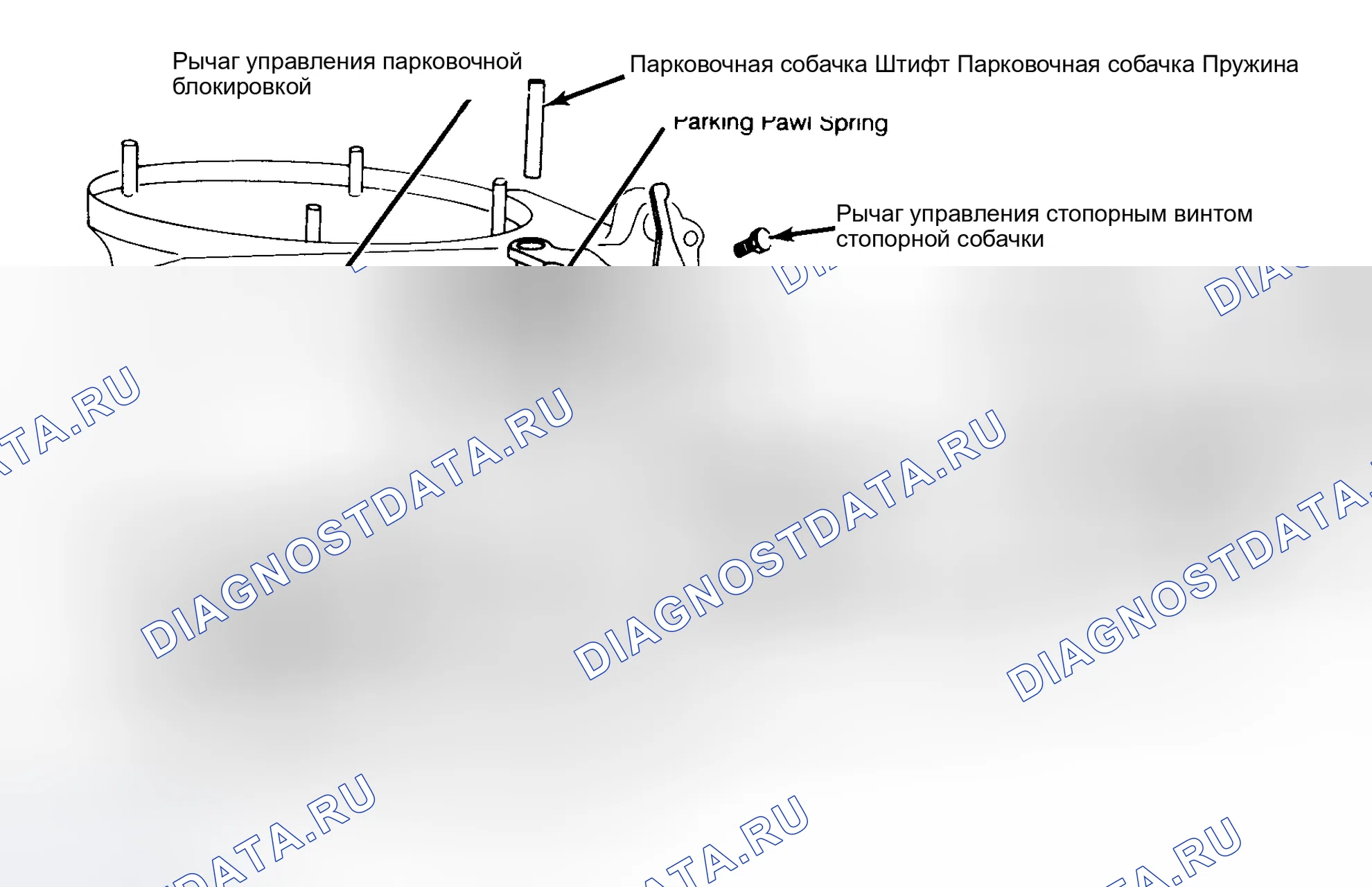 Рис. 9: Вид снизу корпуса трансмиссия, показывающий парковочный замок, кикдаун и ручную рычажную передачу клапана. Volkswagen Golf Mk1
