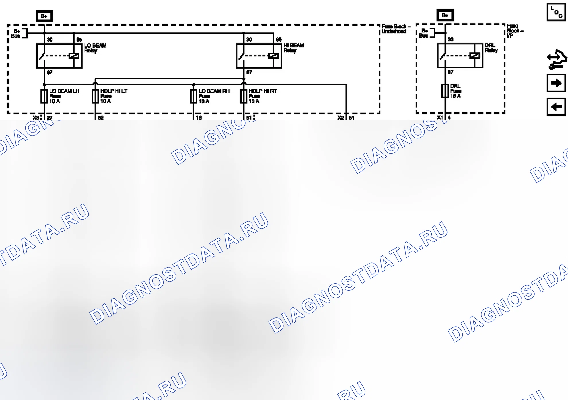 Рис. 37: HDLP Lo LT, HDLP Lo RT, HDLP HI LT, HDLP HI RT и предохранители DRL. Chevrolet Captiva I рестайлинг