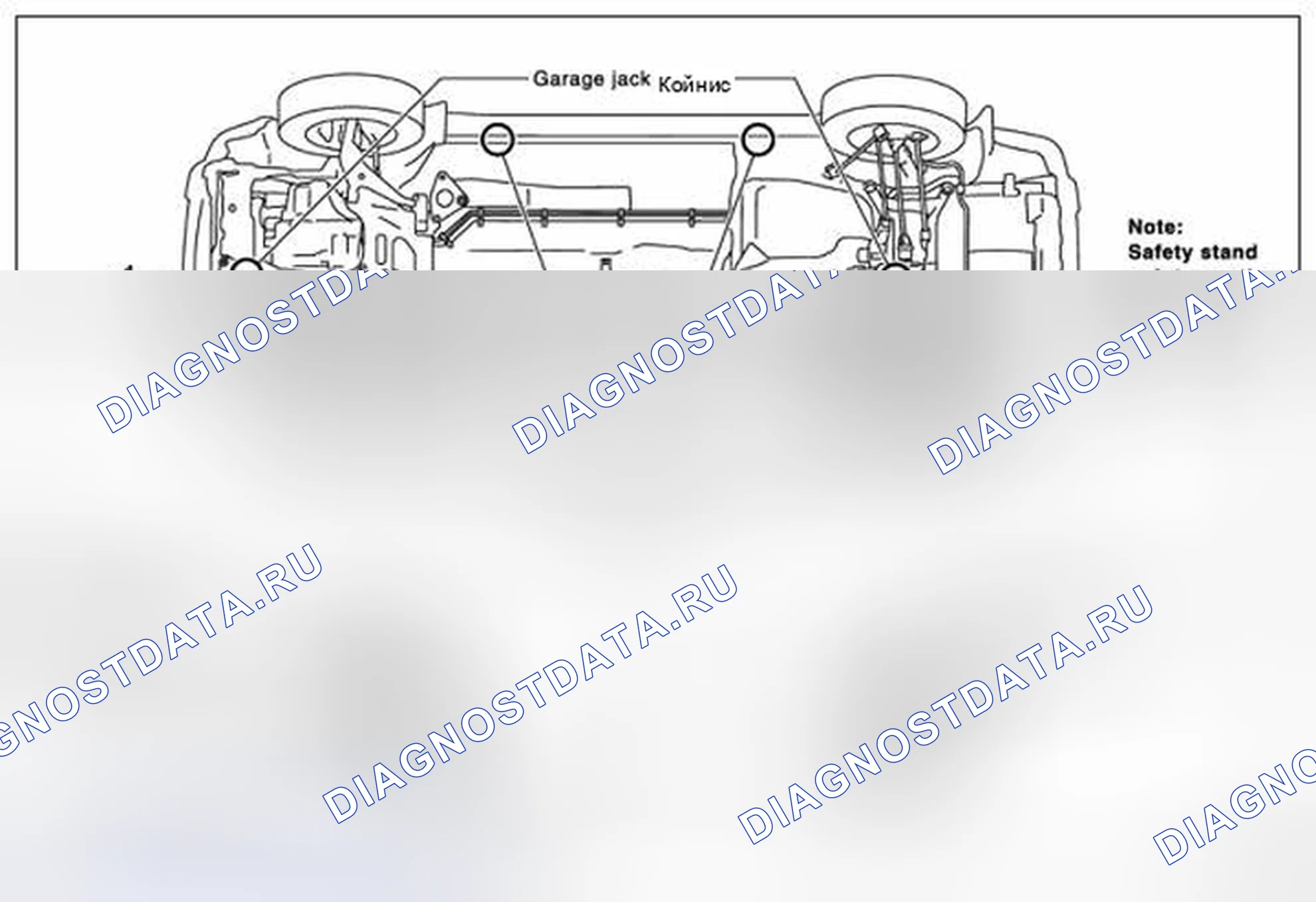 Рис. 63: гаражный домкрат и стойка безопасности. Nissan X-Trail I