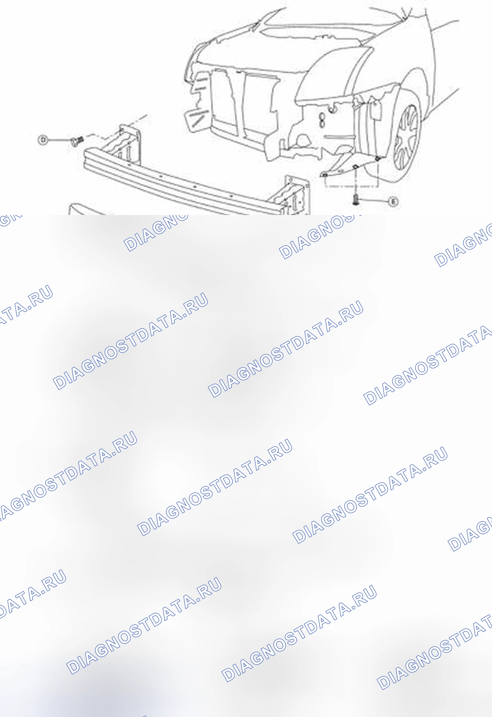 Рис. 34: Идентификация компонентов переднего бампера. Nissan Sentra B16