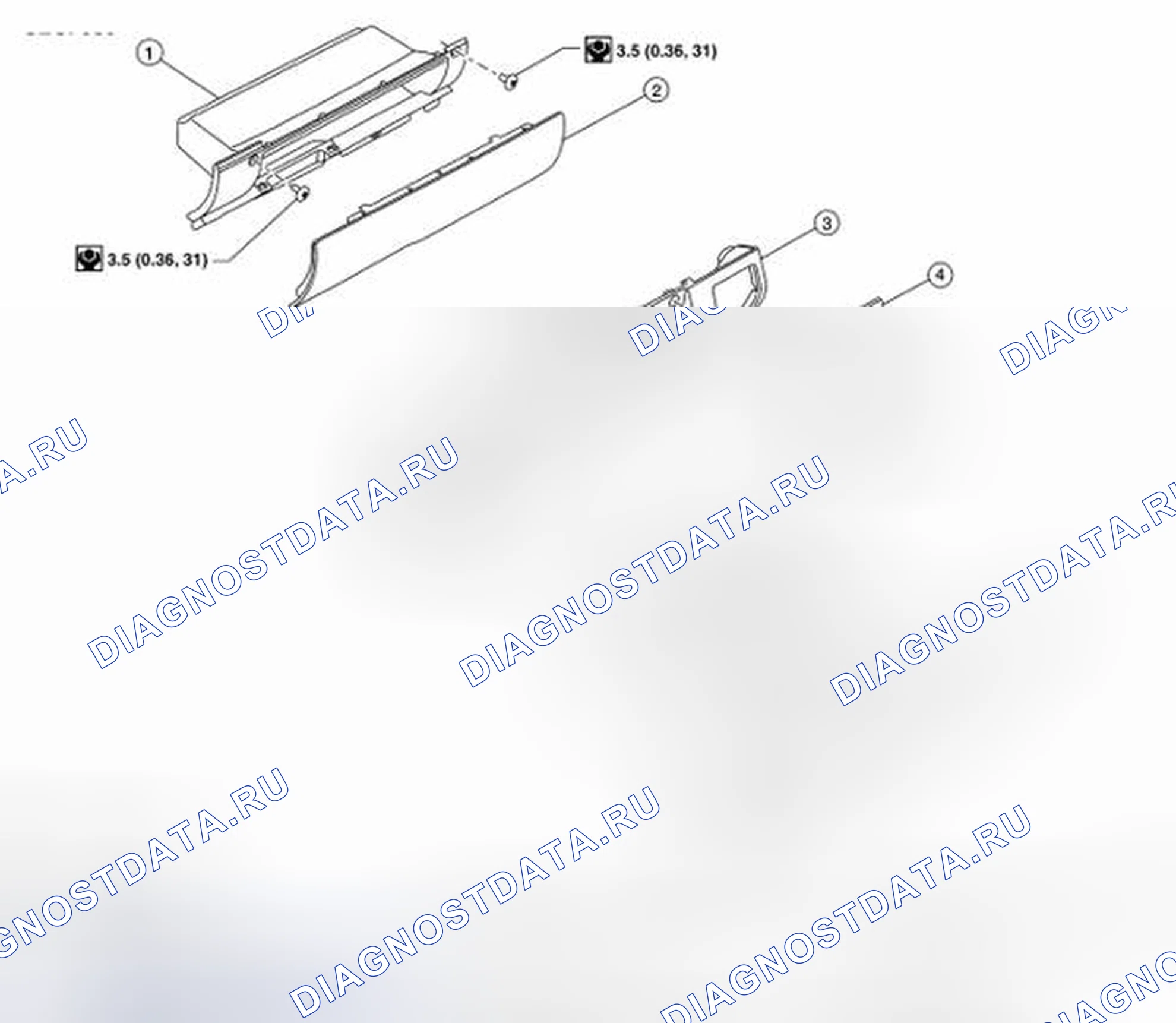 Рис. 8: Покомпонентный вид компонентов нижней перчаточной коробки. Nissan Frontier D40