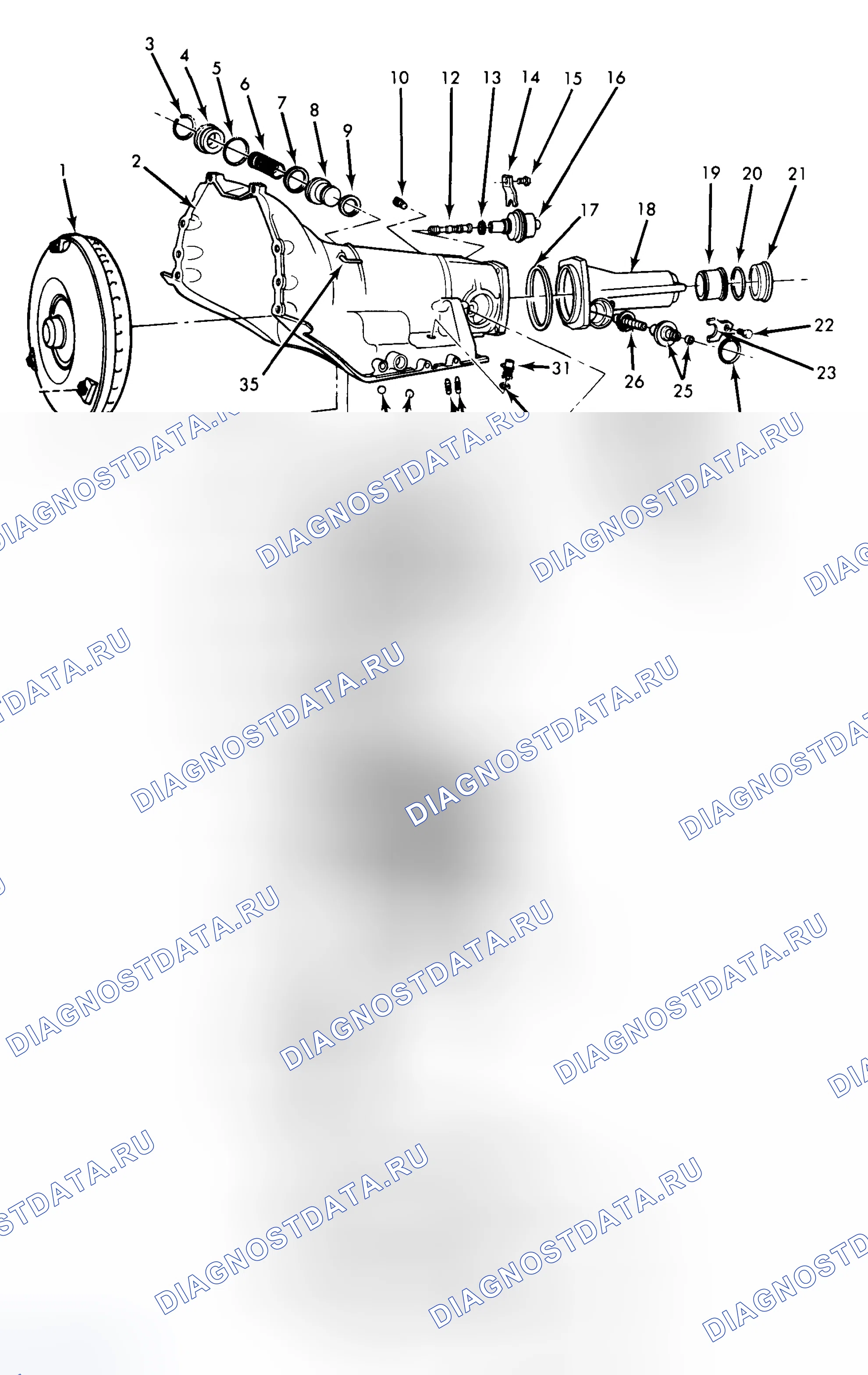Рис. 45: Разнесенный вид внешних частей 350C Turbo Hydra-Matic (1 из 2). Buick LeSabre V