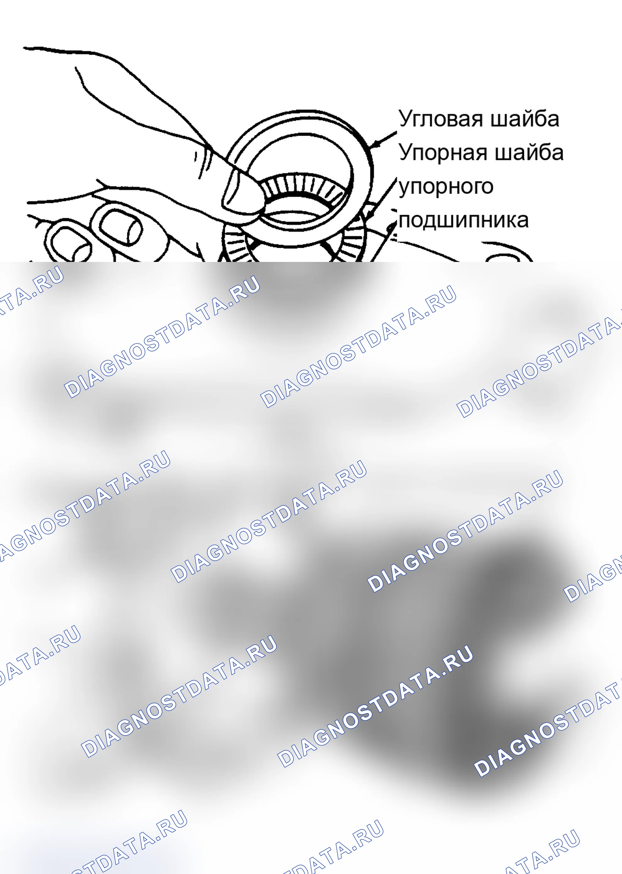 Рис. 11: Снятие угловой шайбы, упорного подшипника, упорной шайбы и комплекта муфты 4-й передачи. Volvo 740 I
