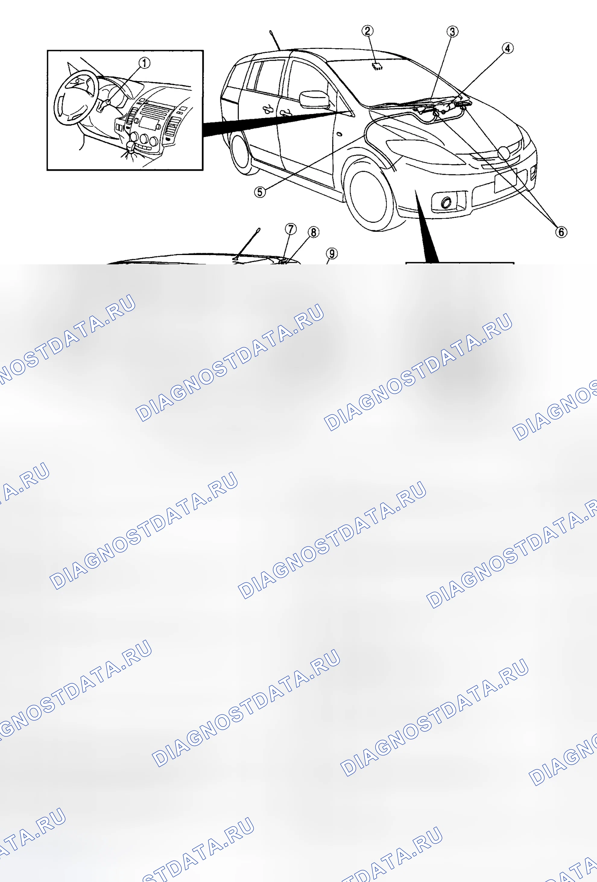 Рис. 1: ИНДЕКС МЕСТОПОЛОЖЕНИЯ СИСТЕМЫ СТЕКЛООЧИСТИТЕЛЯ / ОМЫВАТЕЛЯ. Mazda 5 I