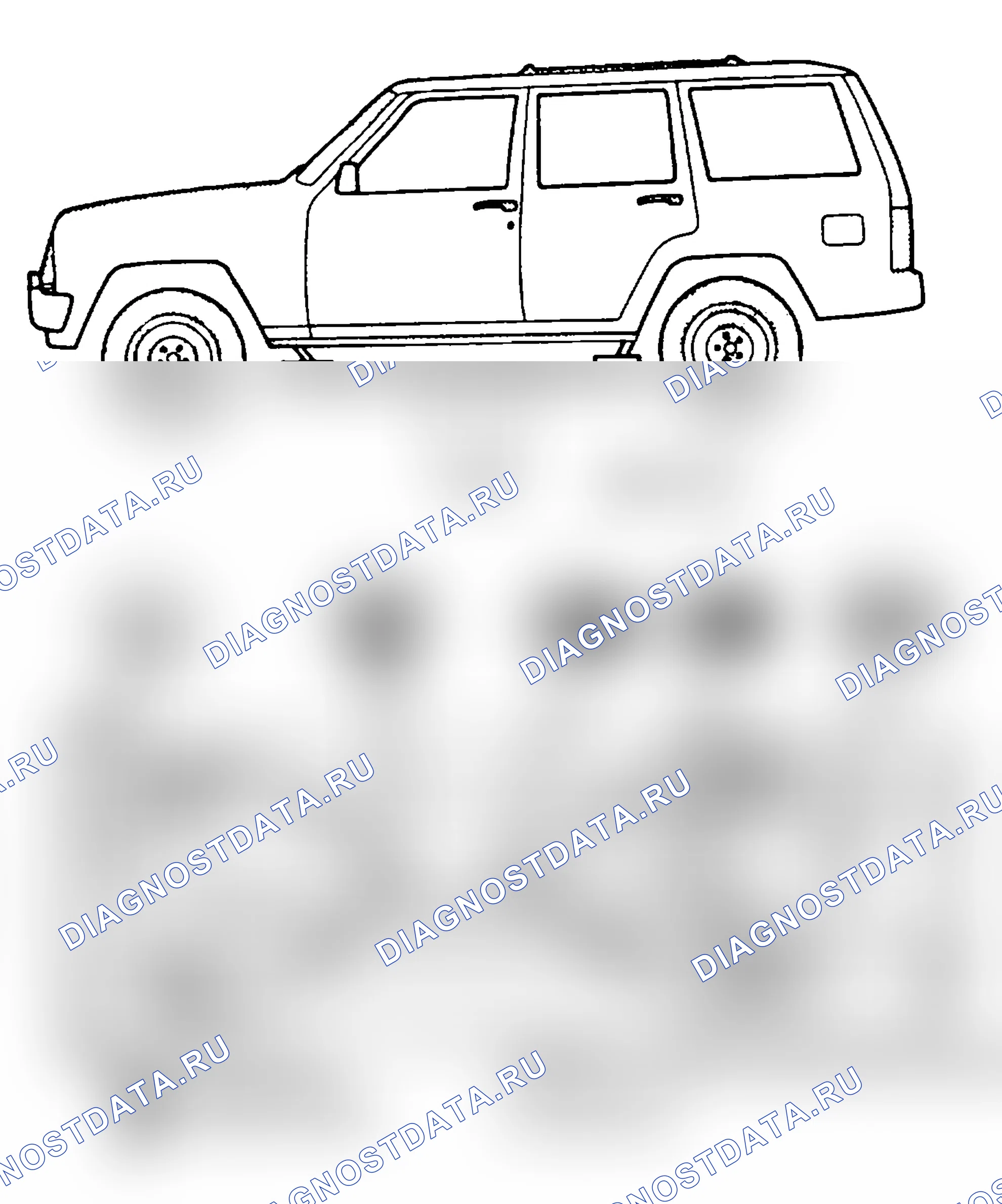 Рис. 7: Расположение точек подъема подъемника предоставлено Chrysler Corp.. Jeep Wrangler I