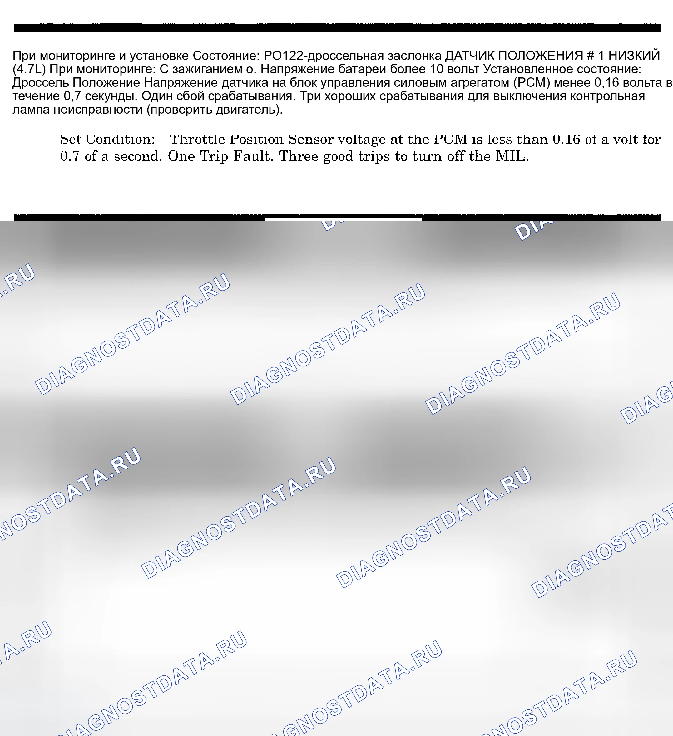 Рис. 449: расшифровка кода ошибки P0122: ДАТЧИК ПОЛОЖЕНИЯ ДРОССЕЛЬНОЙ ЗАСЛОНКИ № 1 низкий (4.7L). Dodge Pickup R1500 