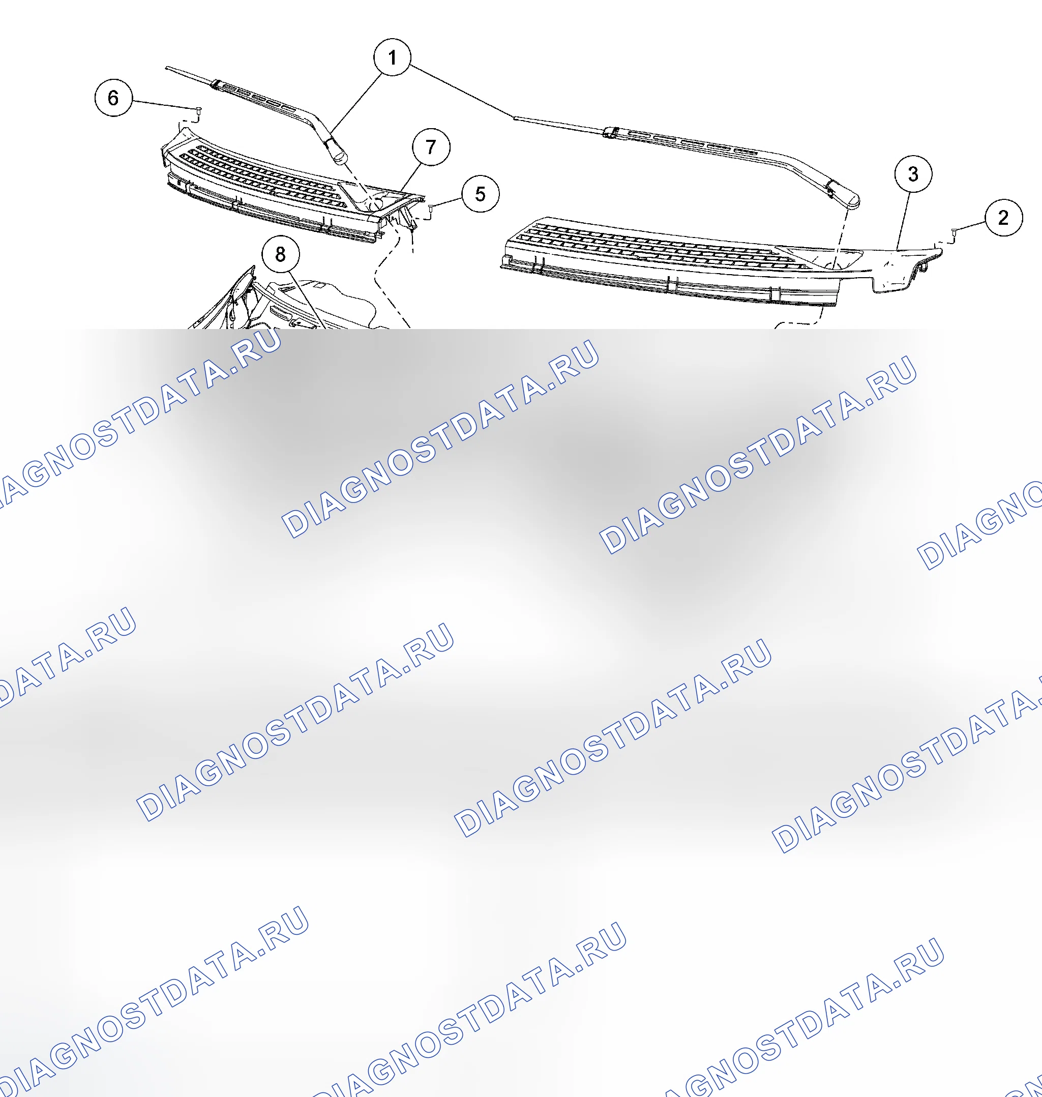 Рис. 63: Решетка панели капота. Ford Pickup F350 Super Duty 
