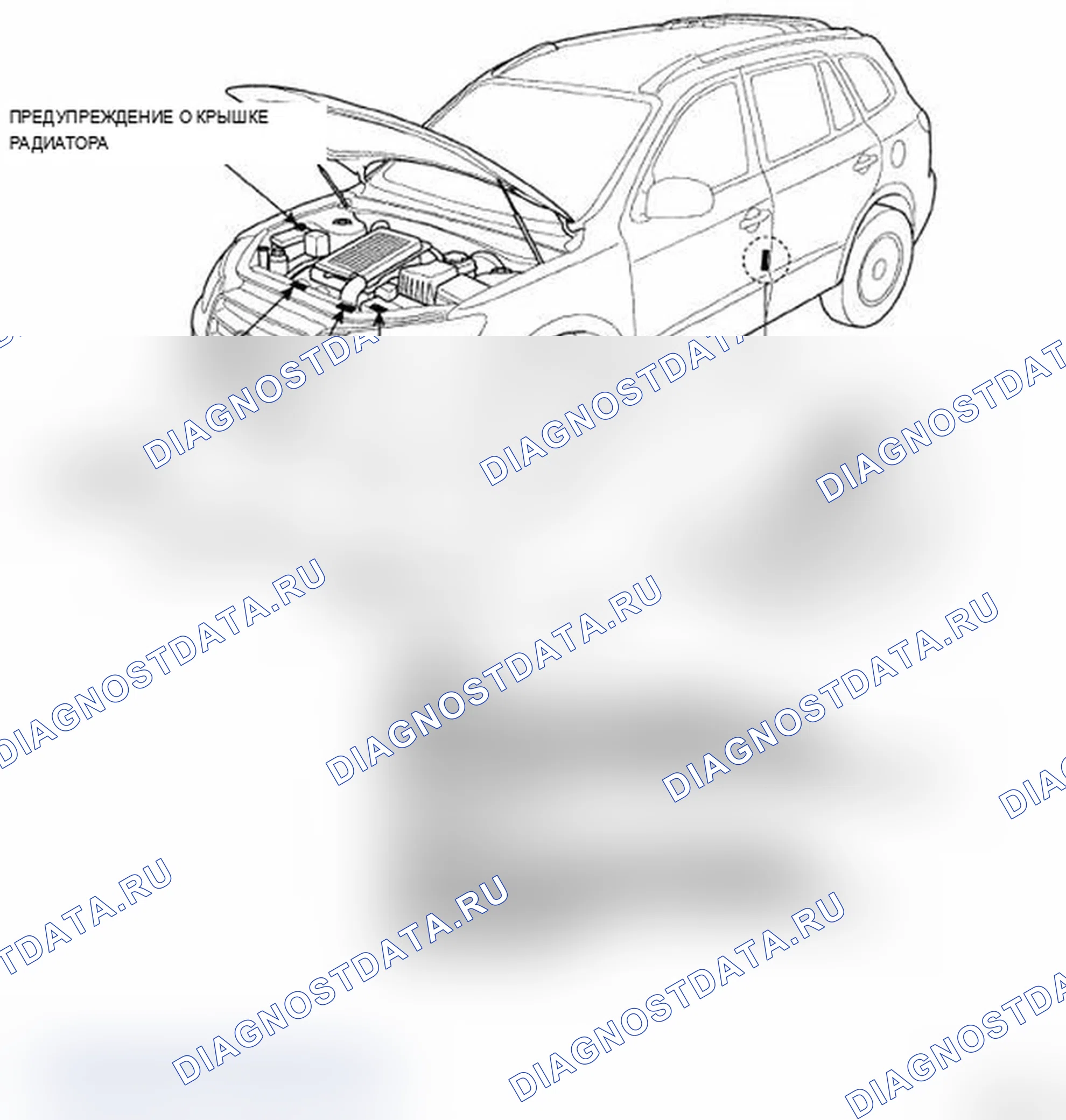 Рис. 7: РАСПОЛОЖЕНИЕ ПРЕДУПРЕДИТЕЛЬНЫХ/ПРЕДУПРЕЖДАЮЩИХ НАДПИСЕЙ. Hyundai Santa Fe II