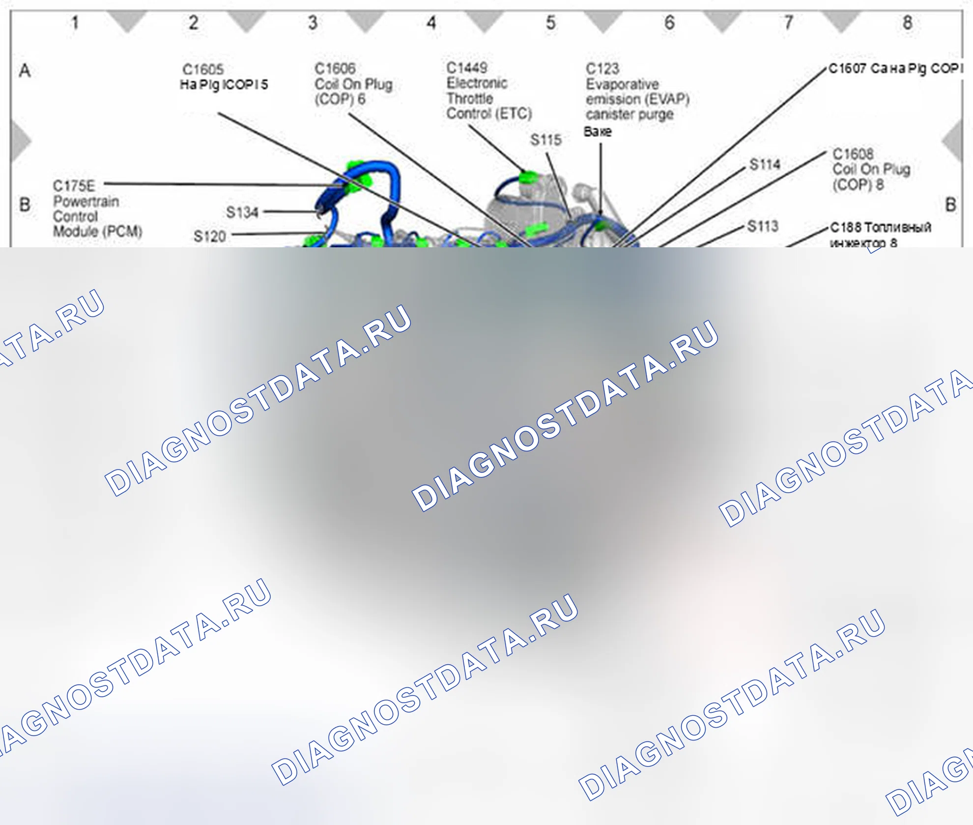 Рис. 132: C185 (6.2L) Передняя левая сторона двигателя на верхнем месте - топливная форсунка 5. Ford Pickup F250 Super Duty II