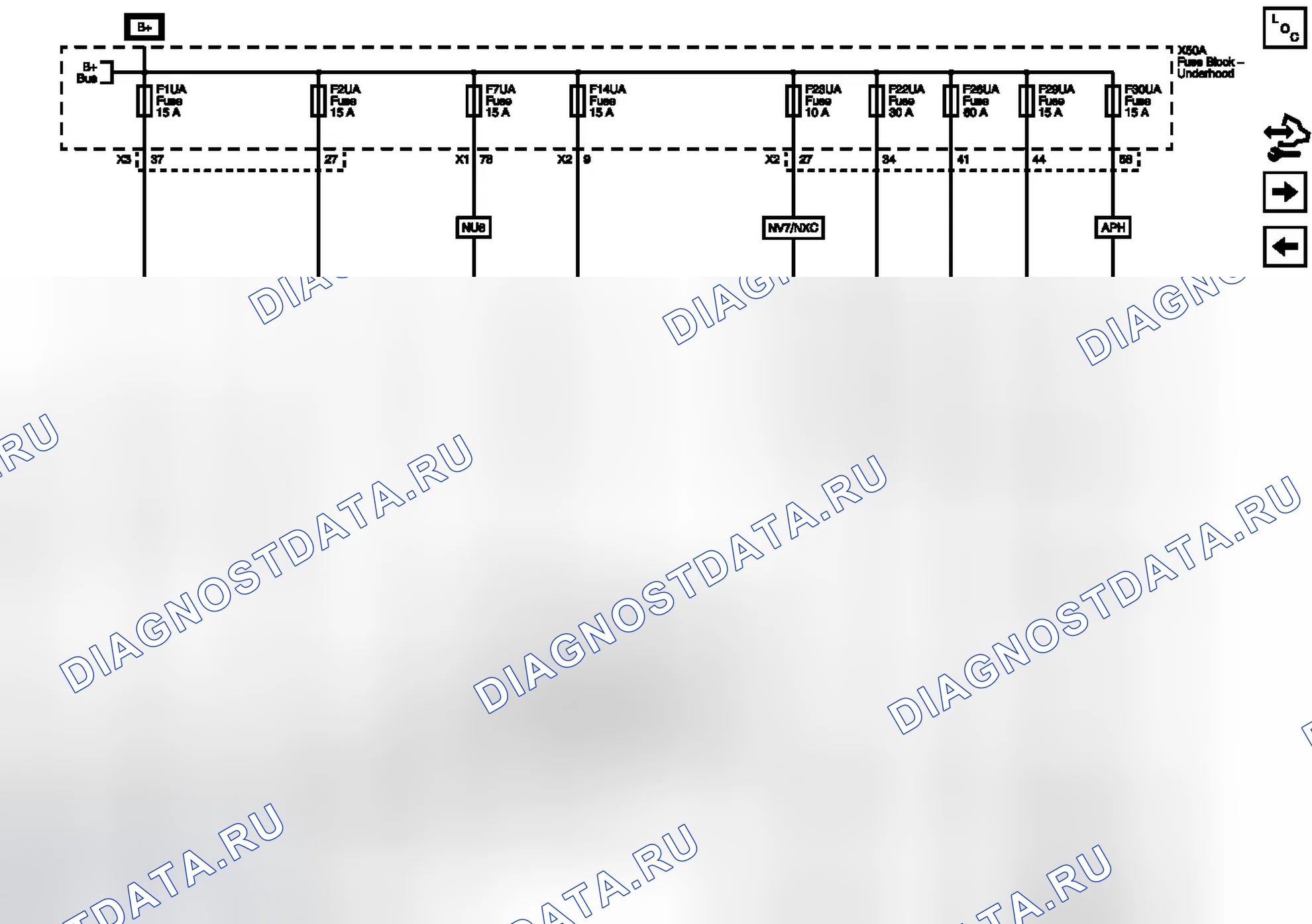 Рис. 49: Схемы подключения предохранителей F1UA, F2UA, F7UA, F14UA, F22UA, F23UA, F26UA, F29UA и F30UA. Buick Regal V