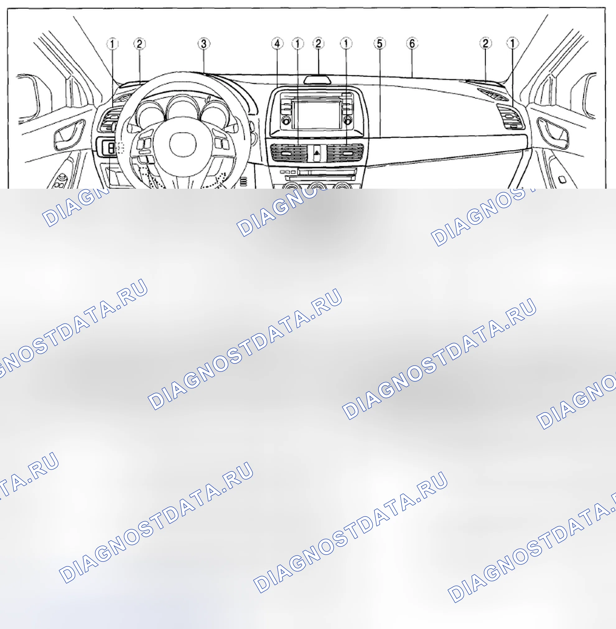 Рис. 1: Расположение компонентов внутренней отделки (1 из 3). Mazda CX-5 I