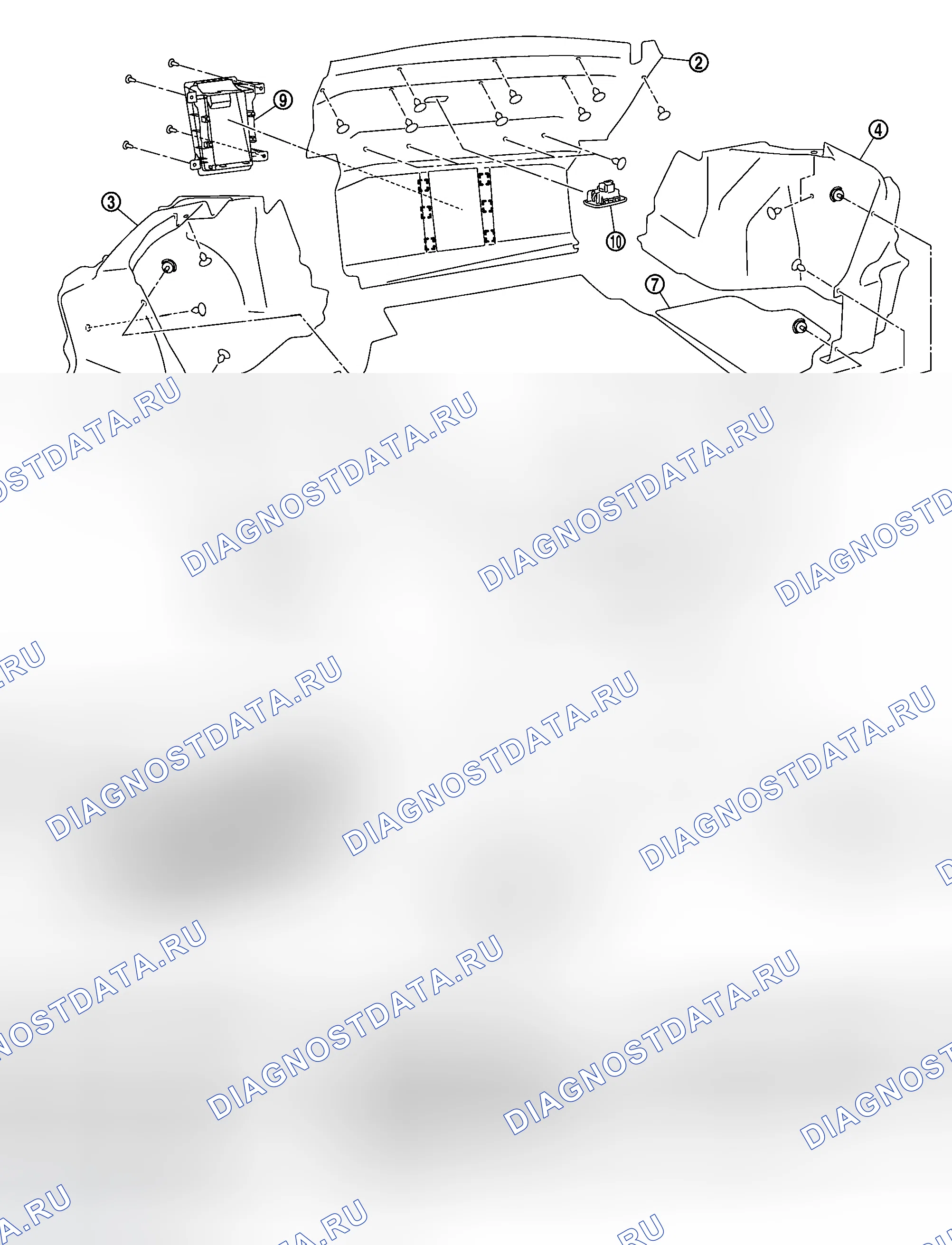 Рис. 59: Демонтаж и монтаж отделки помещения багажника. Infiniti M35 III