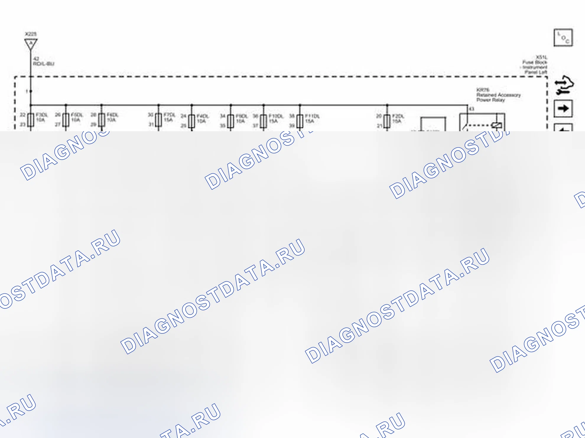 Рис. 180: Предохранители F1dl, F2dl, F3dl, F4dl, F5dl, F6dl, F7dl, F9dl, F10DL, F11DL, F15DL и F165DL. Cadillac ELR I