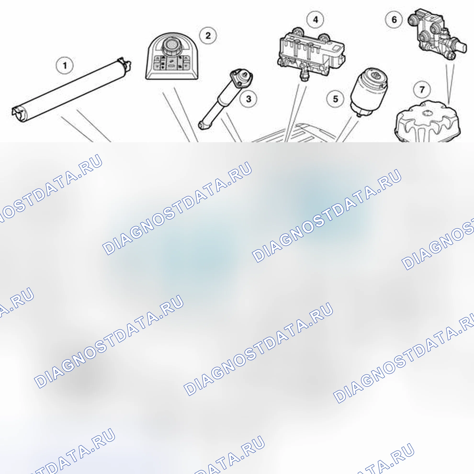 Рис. 4: РАСПОЛОЖЕНИЕ КОМПОНЕНТОВ ПНЕВМАТИЧЕСКОЙ ПОДВЕСКИ. Land Rover Range Rover L322