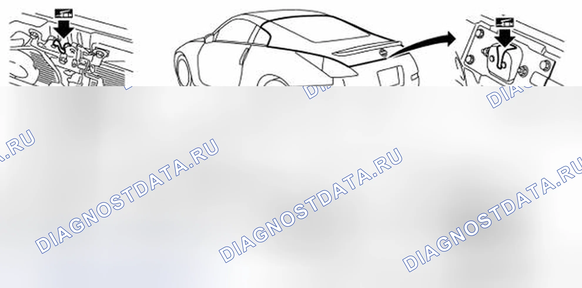 Рис. 41: Фиксирующие замки, петли и защелка капота (купе). Nissan 350Z I рестайлинг