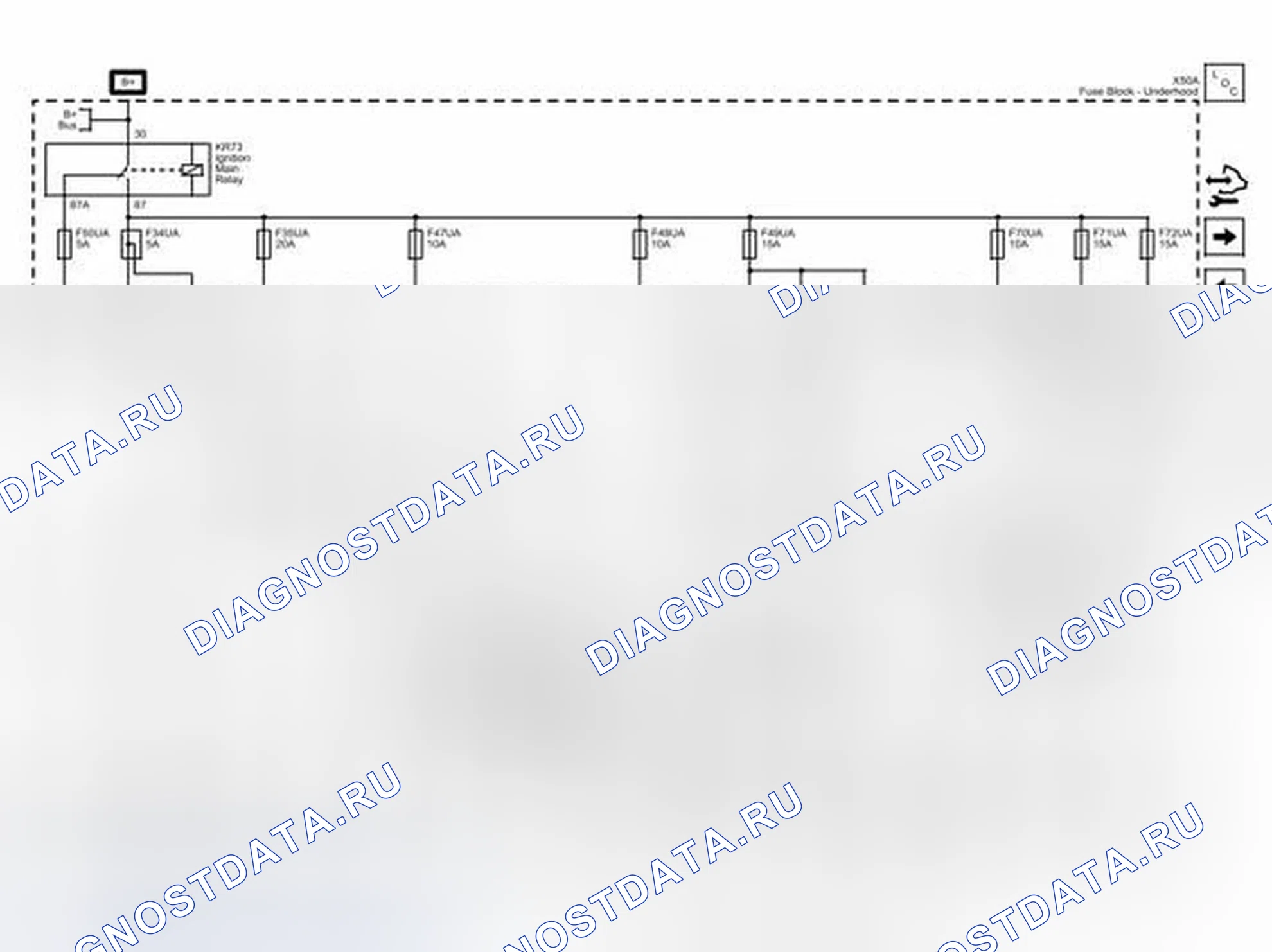 Рис. 98: F34UA, F35UA, F47UA, F48UA, F49UA, F50UA, F70UA, F71UA и F72UA Предохранители. Cadillac ATS I