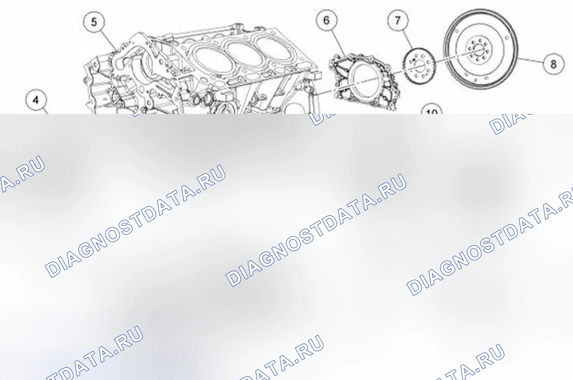 Рис. 343: Нижний блок двигателя (Вид 1). Ford Flex I